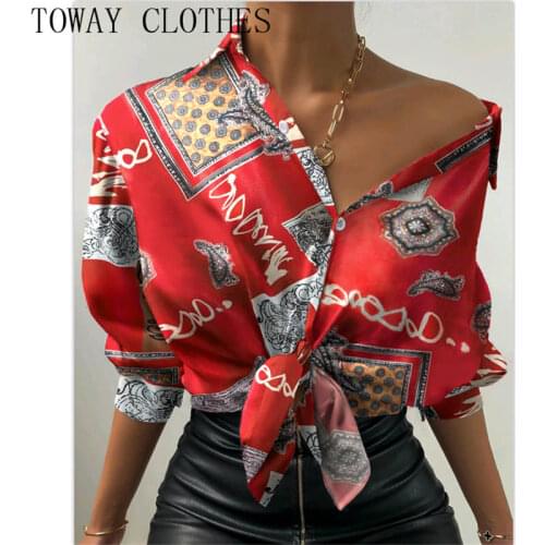 Women Turn-down Collar All Over Print Button Design Lantern Sleeve Shirt Chic Blouse