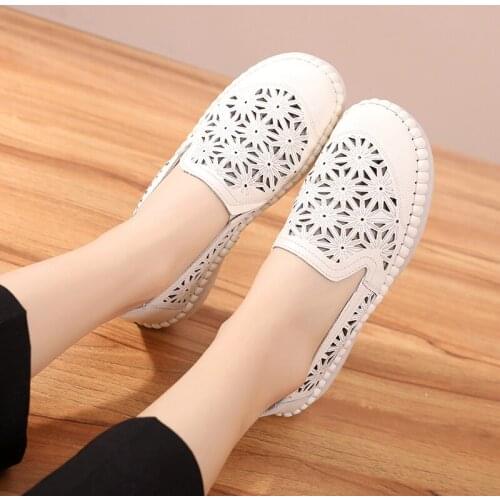 Tilocow Genuine Leather Designer Hollow Out Women Shoes Retro Slip On Female Flats Casual Solid Mocassins Womens New Loafers