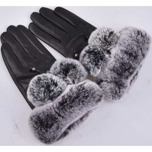 2021 Genuine Sheepskin Leather Gloves Women Autumn Winter Rabbit Fur Velvet Thick Warm Gloves Lady Girl Outdoor Driving Mitten