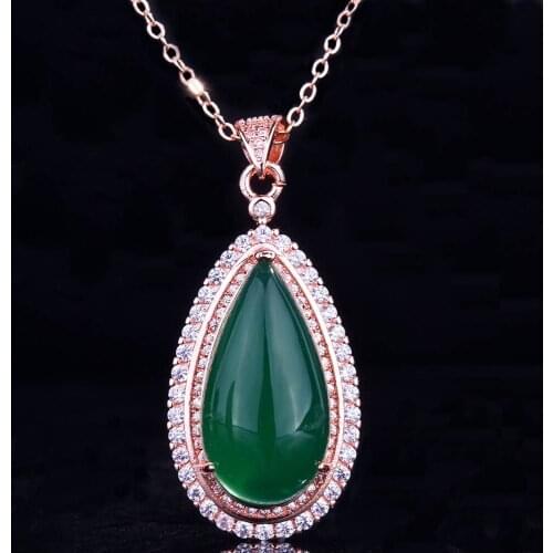 QTT Luxury 18K Rose Gold Color Pear Shaped Emerald Pendant Necklace Womens High Quality Charms Choker Wedding Anniversary Party
