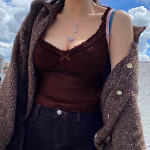 Sexy Lace Spaghetti Strap V-neck Bow Cropped Tops Women Fashion Ribbed Tank Top Solid Backless Cami Summer Autumn Streetwear