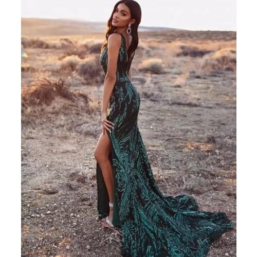 Latest Fashion Hot Selling Celebrity Women Blue Women Sequin Deep V Neck Sleeveless Long Dress Cocktail Gown Vestidos Wholesale