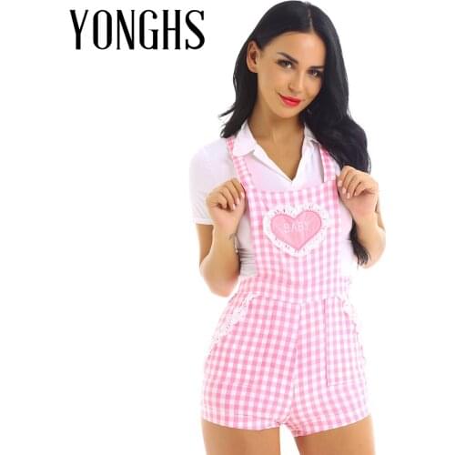 Womens School Girl Bodysuit Cute Adjustable Shoulder Straps Criss-cross Back Gingham Print Babydoll Short Overalls Shortalls