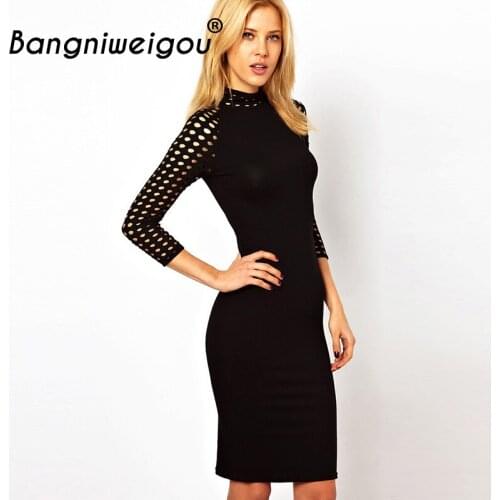 Bangniweigou Hollow Out Bandage Dress Turtleneck Ripped Long Sleeves Hook Pull on Vintage Dress Classic OL Black Sheath