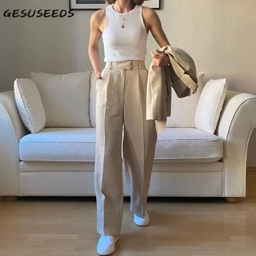 Elegant pants women high waist pants 2021 spring casual trousers fashion office ladies wide leg pants khaki streetwear women