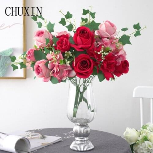 7-Head Bulgaria Roses Artificial Silk Bouques Wedding Scene Layout Bridal Flowers Bouque Home Decor Ornaments Photography Props