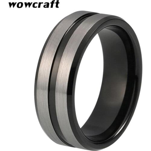8mm Black Tungsten Wedding Bands Matte Brushed Engagement Ring for Men Women Grooved Center with Bevel Edges