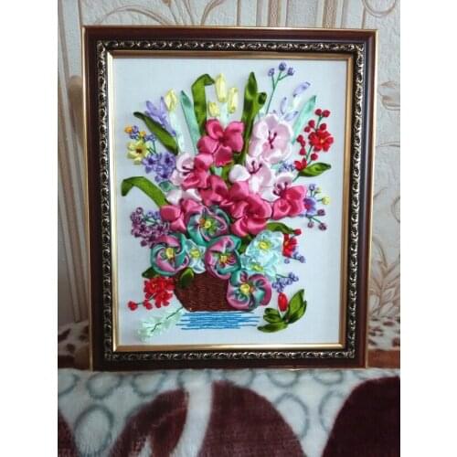 Flower vase basket set Ribbon embroidery kit stain silk belt painting handcraft kit DIY handmade needlework art home decor plus