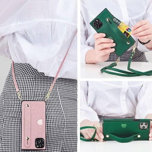 Card Pocket Square Phone Case with Wrist Strap Stand Holder Crossbody Shoulder Cord for Huawei P30 P40 Lite Mate20 Mate 30 Pro