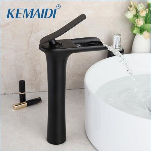 KEMAIDI Matte Black Bathroom Basin Faucet Mounted Basin Vessel Sinks Waterfall Mixer Tap Black Water Faucet Tap