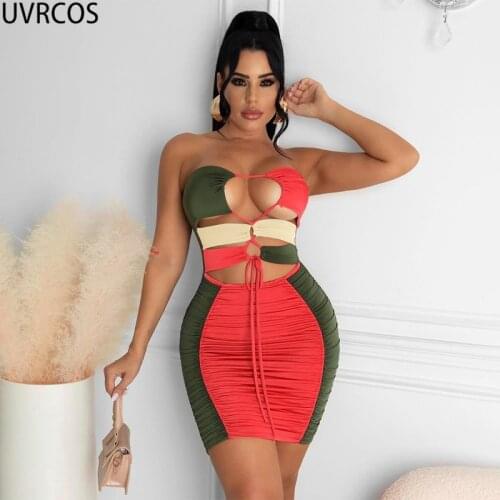 UVRCOS Bodycon Dress Summer 2021 New Arrival Fashion Hot Cyber Y2k Dresses Strapless Patchwork Cut Out Drawstring Party Clubwear