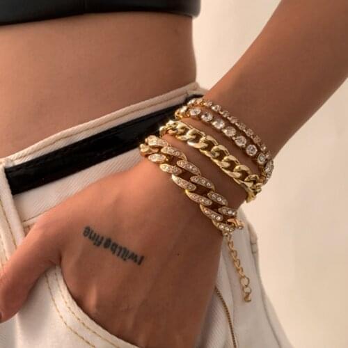 DIEZI Hip Hop Multilayer Gold Silver Color Cuba Chain Bracelet Set For Women Men Vintage Luxury New Crystal Bracelets Bangles