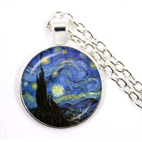 Fashion Van Gogh Art Starry Night Sunflower Necklace 25mm Glass Cabochon Dome Pendant Jewelry For Women Girls Gift