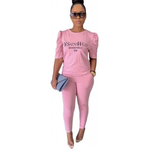 Fashionable Stretch Casual Suit Solid Color Ladies 2 Two Piece Sets Letter Sportswear T-Shirt + Nine Points Pants Womens Set