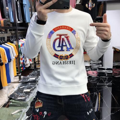 2021 spring new sequined mens t-shirt long sleeve Korean version of loose size autumn coat men
