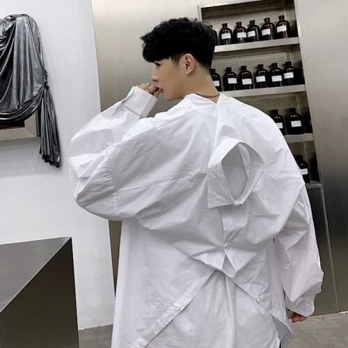 S-6XL!Spring designer two new ways of wearing alternative long sleeve shirt popular logo men pure color personality white shirt