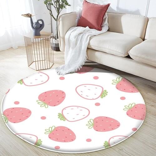 Non-Slip Carpet Round Bedroom Living Room Decor Carpet Fresh and Simple Style Pink Strawberry PatternFlannel Carpet