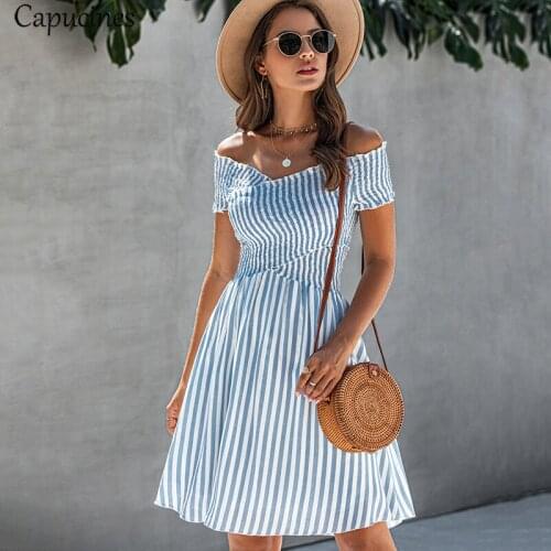 Capucines New 2020 Summer Fashion Striped Dress Women Slash Neck Empire Short Sleeves A Line Backless Sexy Mini Dresses