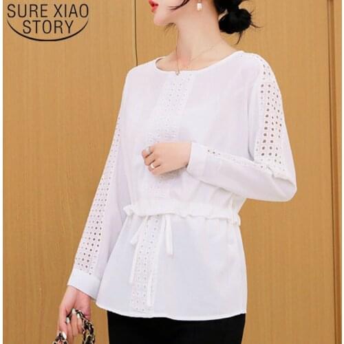 New 2021 Autumn Fashion Women Chiffon White Blouses Long Sleeve O-neck Women Tops Causal Hollow Out Ladies Shirts 6336 50