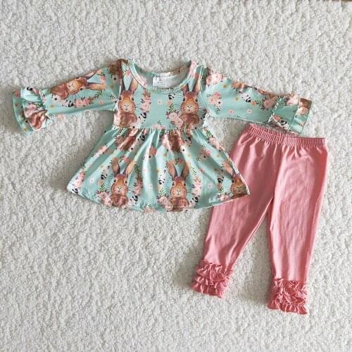 New arrival for girl Easter day long sleeve outfit kids boutique cotton pants and ruffle top clothing set