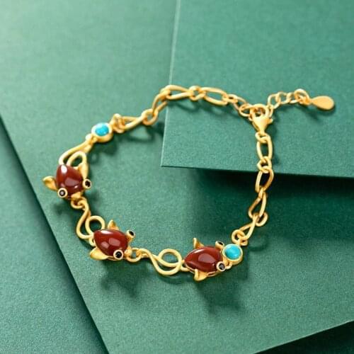 Original S925 Sterling Silver Gold Natural South Red Agate Green Goddess with Creative Small Fish Goldfish Ladies Bracelet