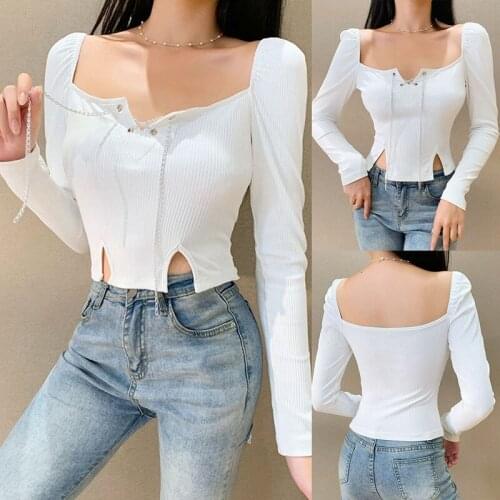 Autumn Square Collar Simple and Thin Design Long-Sleeved Blouse Tight-Fitting Umbilical Slit Tops