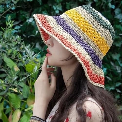 Bucket Hats Women Leisure Beach Summer Striped Holiday All-match Korean Style Fashion Version Vintage Sun-proof Students Caps