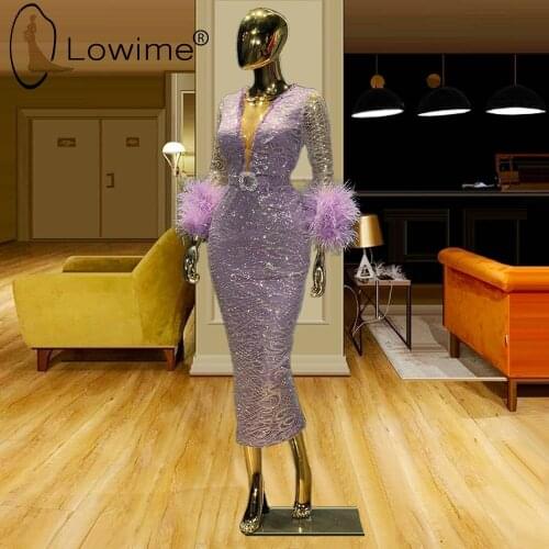 Feathers Lavender Long Sleeve Mermaid Prom Dresses 2021 Illusion Deep V Neck Glitter Sequin Party Gowns