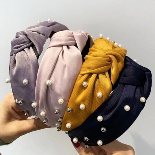 Solid Silk Fabric Pearls Headbands For Women Girls Handmade Satin Twist Hairband Bezel Hair Hoop Hair Accessories