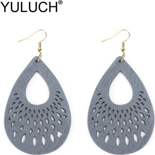 YULUCH Natural Wood Water Drop Earrings For Women Dangle Earrings Trendy Hollow Design Jewelry For Party Gift BIG SIZE Earrings