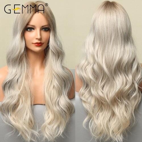 GEMMA Long Water Wave Synthetic Wig for Women Ombre Brown Blonde Wig Natural Middle Part Cosplay Party Hair Heat Resistant Fiber