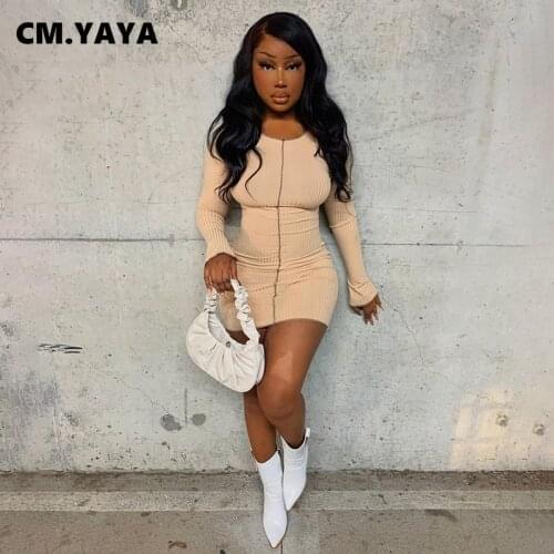 CM.YAYA Women Patchwok wear inside-out Knit Midi Dress Bodycon Flare Long Sleeve ACTIVE Mini Dresses Outfits 2021 New
