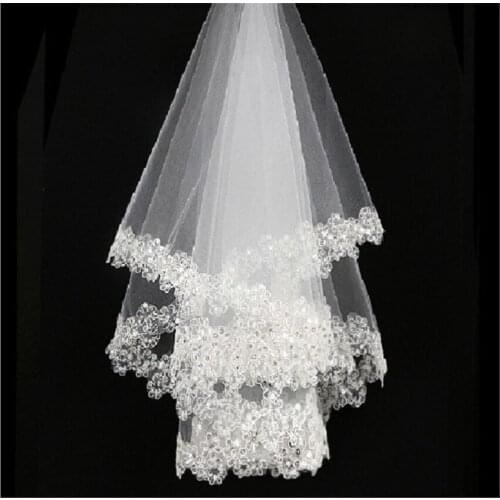 Bride Wedding Accessories One Layer Short Bridal Veils without Comb Lace Sequins Soft Tulle 1.5m Ivory/White Wedding Veils