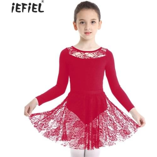 Fashion Girls Cotton Ballet Dancewear Long Sleeves Ballet Dance Gymnastics Leotard with Lace Ruffled Skirt Outfit Sets SZ 3-10