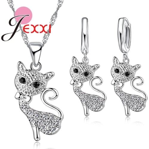 Funny Design CZ Crystal Jewelry Sets Fashion Women Cartoon Fox 925 Sterling Silver Pendants Necklace Drop Earrings