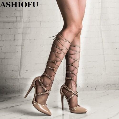 ASHIOFU 2020 New Real Photos Ladies High Heel Sandals Crisscross Straps Rivets Spikes Summer Shoes Evening Club Fashion Sandals