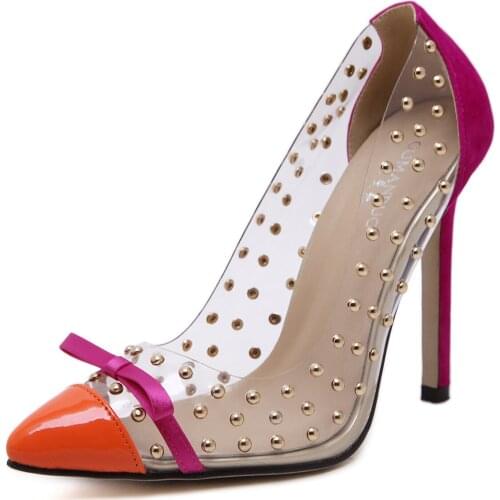Women Pumps Rivets Transparent Film Rivet Bow Pointed Shallow Mouth High Heel Single Shoes Women Shoes dfv678