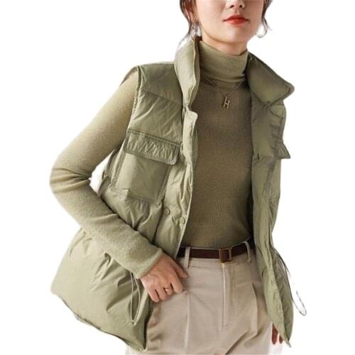 Woman White Duck Down Coats Stand Collar Winter Vests Belted Waist Womens Parka Warm Sleeveless Jackets Puffer Waistcoat Gilet