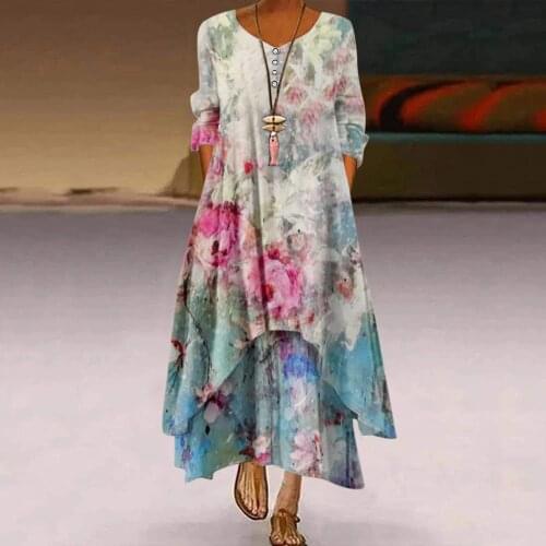 Floral Print Dress Long Sleeve Womens Summer Casual V-Neck Oversize Bohemia Dress Plus Size Print Loose Long Maxi Beach Dress