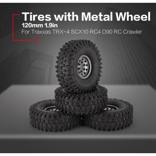 4Pcs 1.9 Inch 120mm Rubber Tires Tire with Metal Wheel Rim Set for 1/10 Traxxas TRX-4 SCX10 RC4 D90 RC Crawler Car Part