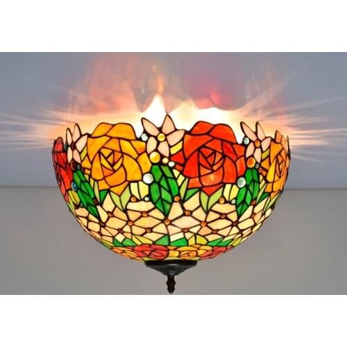 40cm European-Style Vintage Tiffany Colorful Glass Gorgeous Rose Aisle Corridor Bathroom Glass Ceiling Lamp