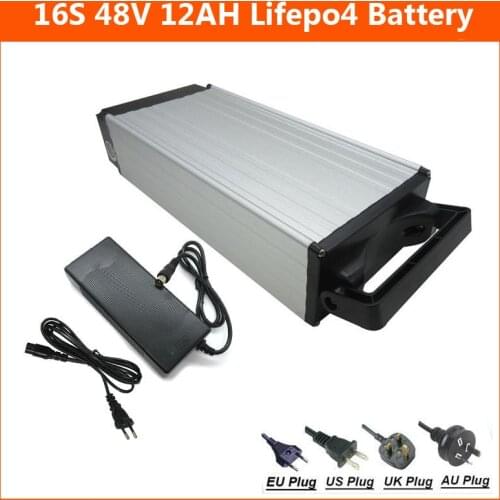 16S 48V 12AH Lifepo4 Rear Rack battery 500W 48 V Electric Bike Bicycle Battery pack with Aluminum case 15A BMS 58.4V 2A charger