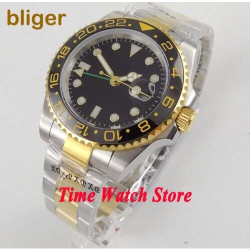 Bliger 40mm black sterial dial date luminous sapphire glass gold ring Ceramic Bezel GMT Automatic movement Mens watch BL269