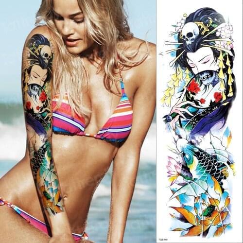 Large temporary tattoo full arm sleeve japanese geisha tattoo watercolor sexy body tattoo for girls women fashion sticker bikini