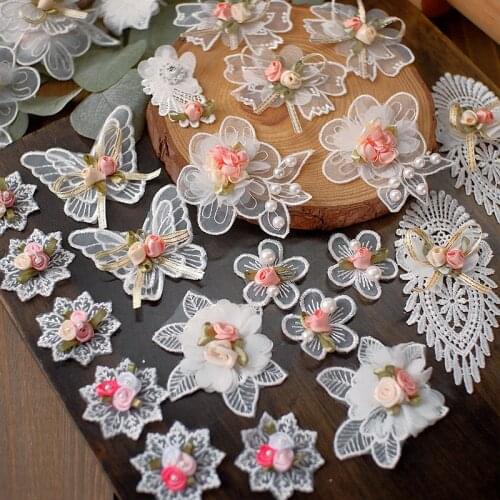 10piece Color embroidery flower stickers handmade lace pearl mesh applique wedding dress childrens clothing accessories