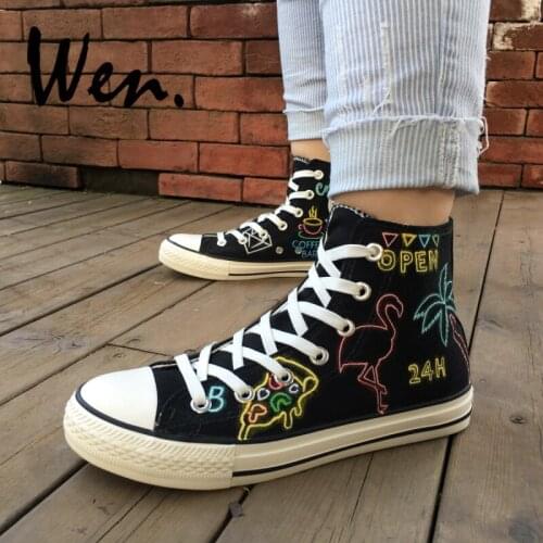 Wen Design Black Hand Painted Shoes Neon Lights Kinds of Patterns Custom Canvas Sneaker High Top Flats Unisex Gifts