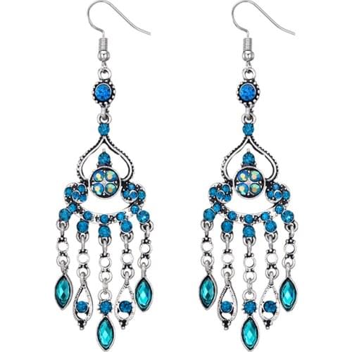 Fashion Ethnic Vintage Drop Dangle Earrings Antique Silver Color Crystal Rhinestone Geometric Long Earings Pendientes Jewelry