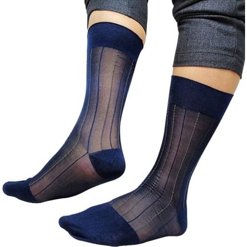 On Sale New List Mens Business Socks Striped Thick N Thin Sexy Male Gentlemen Dress Suit Socks Nylon Transparents Hose Stocking