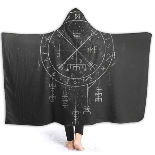 Wearable warm flannel Vegvisir Norse Tattoo Hooded Blanket Viking Runes blankets for Sofa Sherpa Fleece Bedspread Wrap