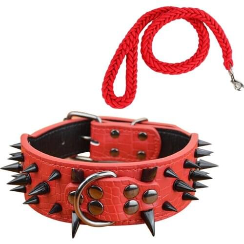 Large Dog Collars PU Leather Pet Collar Sharp Spike Studded Collar Nylon Leash Lead Set for Big Medium Pets Dogs
